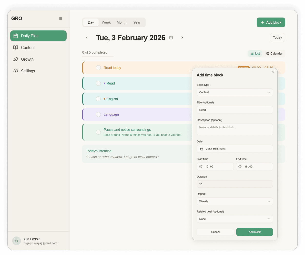 GRO – Daily Plan